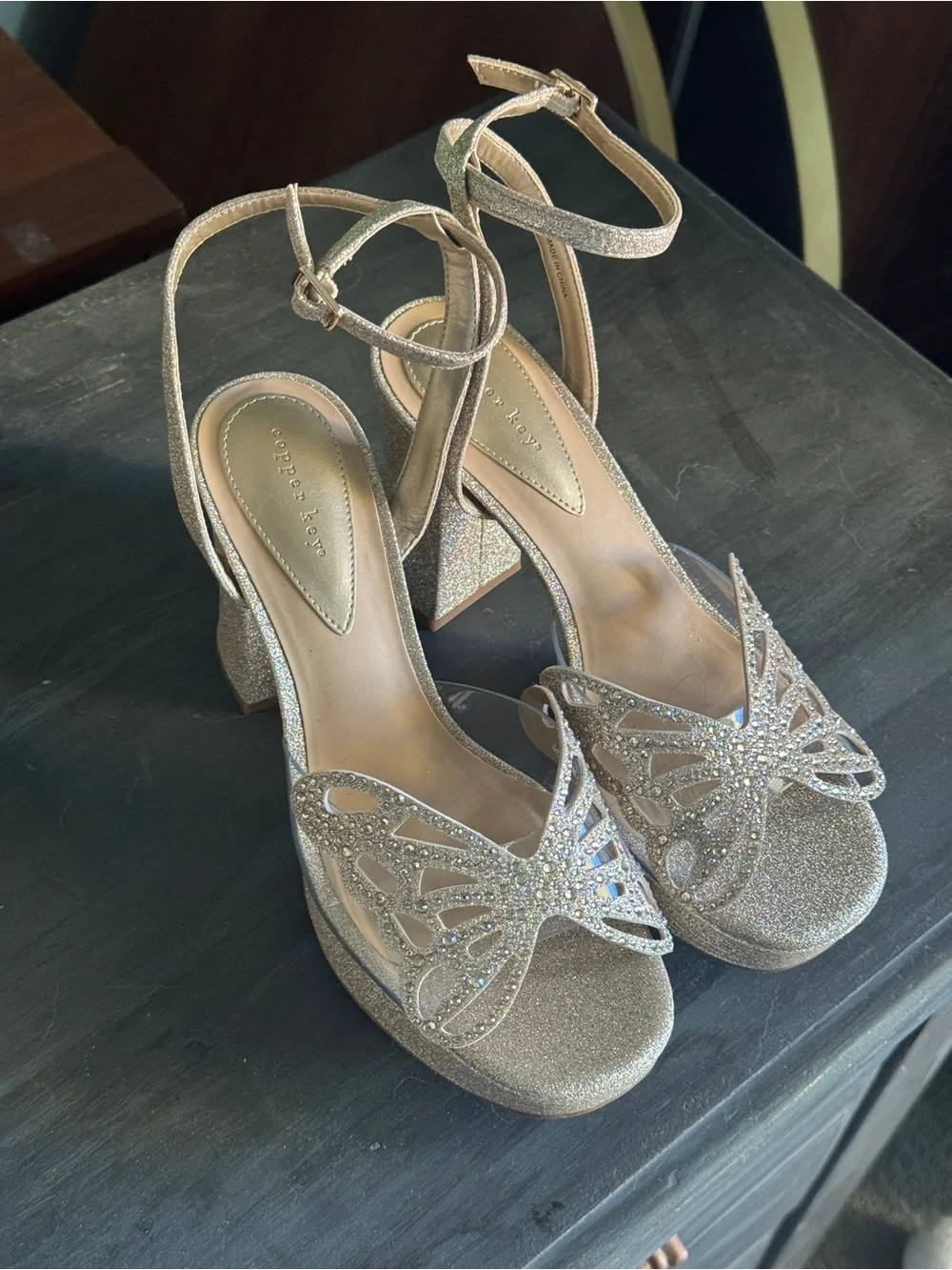 Marigold Rhinestonr Embellished Butterfly Glitter Platform Heel Sandals